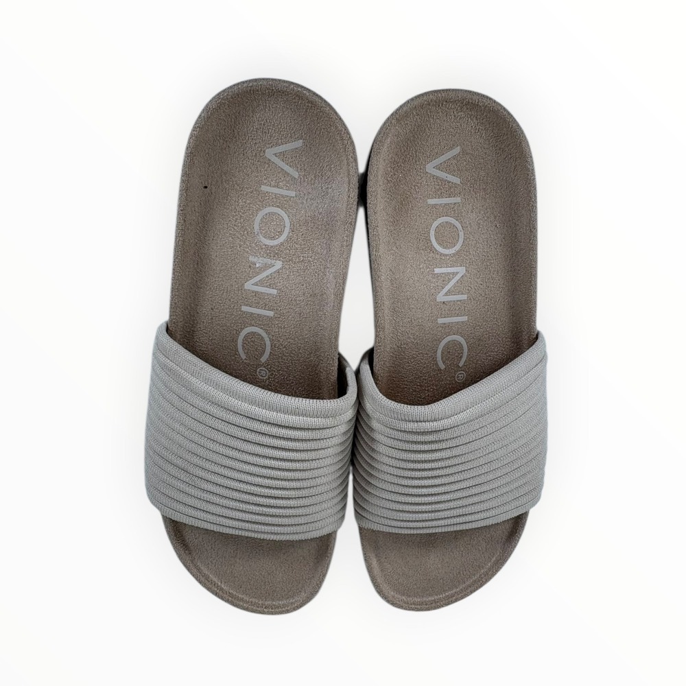 Vionic Slide Sandals Womens 8 Taupe Excellent Ribbed Knit Orthotic Comfort Flat - Picture 9 of 10